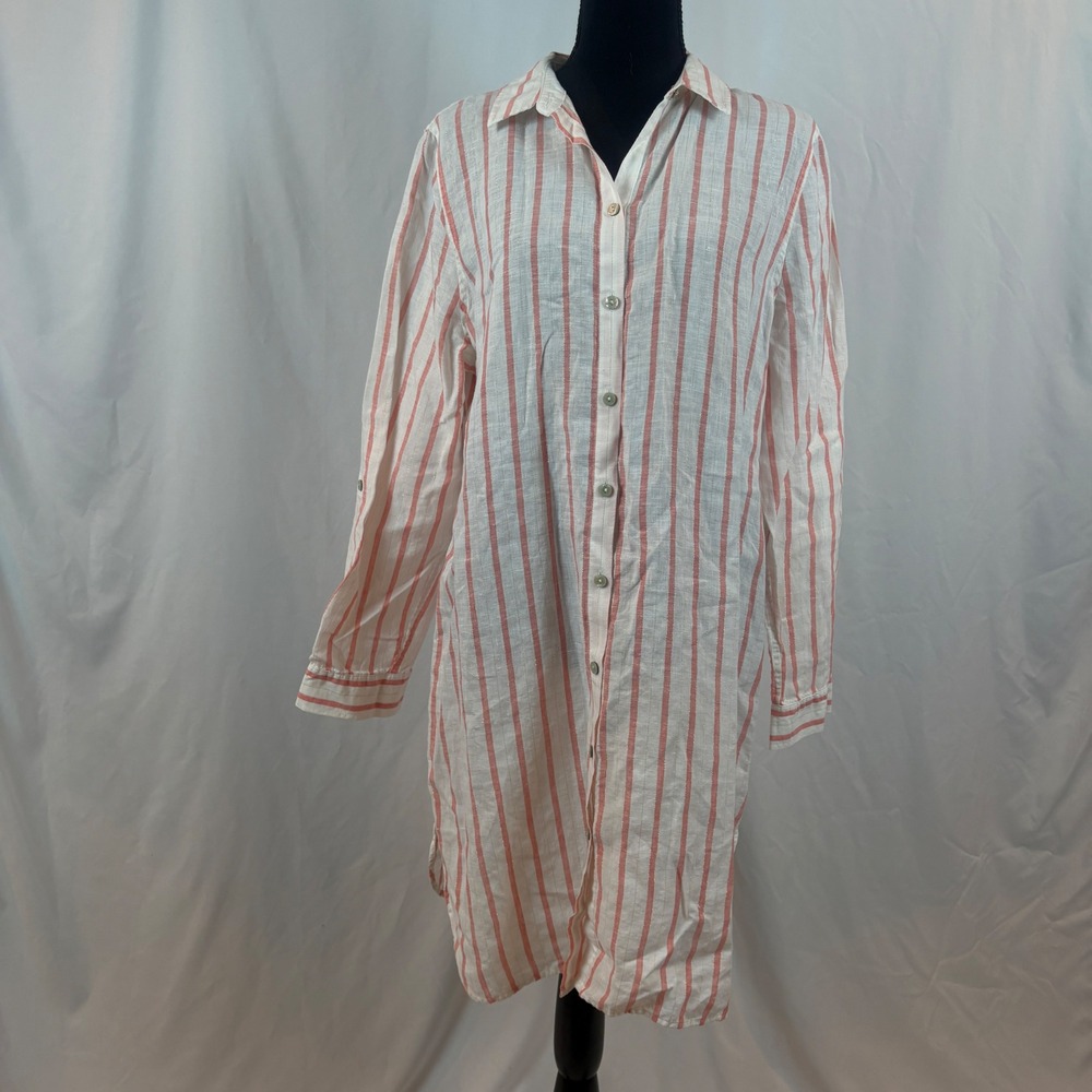 Chico's No Iron Linen Striped Shirt Dress Coral White Metallic‎ Size 2 US 12